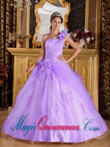 Lavender Ball Gown One Shoulder Floor-length Appliques Tulle Dramatic Quinceanera Dress