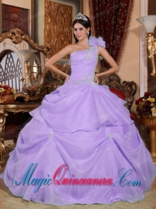 Lilac Ball Gown One Shoulder Floor-length Organza Appliques Discount Quinceanera Dresses