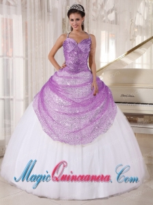 Lilac and White Ball Gown Appliques Elegant Quinceanera Dress with Spaghetti Straps