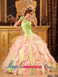Multi-Color Ball Gown One Shoulder Floor-length Taffeta And Organza Beading And Ruffles Dramatic Quinceanera Dress