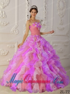 Multi-Color Ball Gown Strapless Gorgeous Organza Quinceanera Dress with Hand Flowers and Ruffles