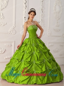 Olive Green Ball Gown Strapless Floor-length Taffeta Appliques and Beading Dramatic Quinceanera Dress