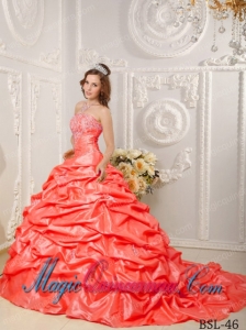 Orange Red Strapless Taffeta Appliques and Beading Fashion Quinceanera Dress with Court Train