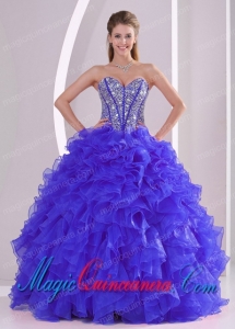 Organza Blue Sweetheart Ruffles and Beaded Decorate Fashion Quinceanera Gowns