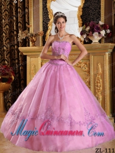 Pink Ball Gown Strapless Floor-length Appliques Tulle Dramatic Quinceanera Dress