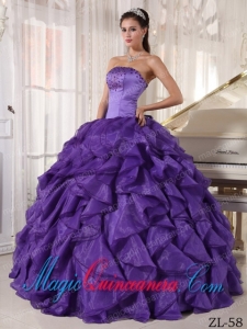 Purple Ball Gown Strapless Satin and Organza Fashion Quinceanera Dress with Beading