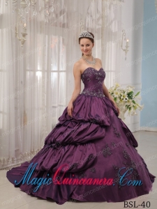 Purple Ball Gown Sweetheart Court Train Taffeta Appliques Dramatic Quinceanera Dress