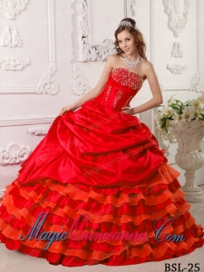 Red Ball Gown Strapless Floor-length Taffeta Beading Dramatic Quinceanera Dress
