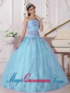 Sky Blue Gorgeous Ball Gown Strapless Taffeta and Tulle Beading Quinceanera Dress