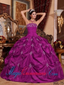 Strapless Floor-length Taffeta Fuchsia Ball Gown Appliques Fashion Quinceanera Dress