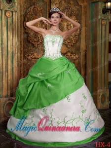 Strapless Spring Green and White Floor-length Embroidery Dramatic Quinceanera Dress