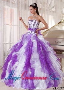 Strapless White and Purple Elegant Quinceanera Dress with Beading