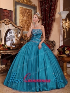 Teal Ball Gown Strapless Floor-length Taffeta and Tulle Appliques Dramatic Quinceanera Dress