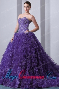 Purple A-Line Gorgeous Organza Quinceanea Dress with Beading and Ruffles