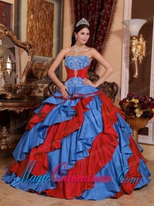 Ball Gown Strapless Floor-length Embroidery Fashion Quinceanera Dress in Blue and Red