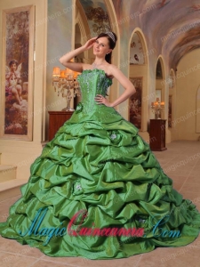 Green Ball Gown Strapless Pick-ups Taffeta Fashion Quinceanera Dress with Court Train