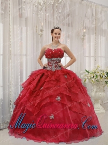 Red Ball Gown Strapless Floor-length Organza Beading Fashion Quinceanera Dress