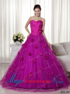 A-line Sweetheart Brush Train Tulle and Taffeta Hand Made Flowers Perfect Quinceanera Dresses