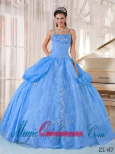 Blue Ball Gown Spaghetti Straps Taffeta and Organza Appliques Perfect Quinceanera Dresses