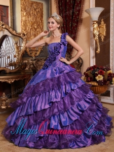 Fashion Ball GownOne Shoulder Taffeta and Organza Hand Made Flowers Quinceanera Dress