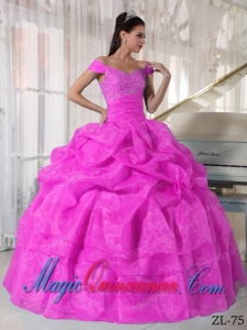 Hot Pink Ball Gown Off The Shoulder With Beading Perfect Quinceanera Dresses