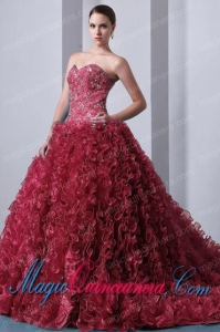 Organza Red A-Line Sweetheart Brush Train Beading and Ruffles Fashion Quinceanea Dress