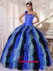 Perfect Quinceanera Dresses In Multi-Colored With One Shoulder Organza Beading and Ruffles