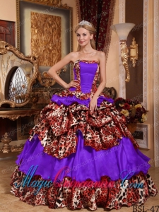 Purple Ball Gown Strapless Floor-length Taffeta and Leopard Pick-ups New style Quinceanera Dress