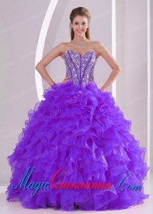 Purple Ball Gown Sweetheart Ruffles and Beading Lace Up New style Quinceanera Gowns