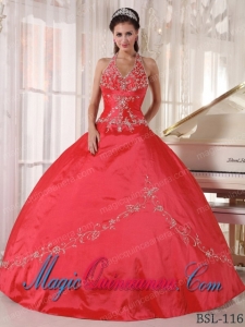 Red Ball Gown Halter Taffeta Appliques Perfect Quinceanera Dresses