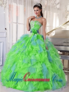 Spring Green and Blue Organza Appliques and Ruffles New style Quinceanera Dress