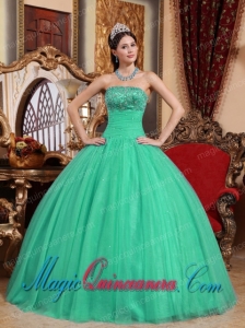 Strapless Floor-length Tulle Embroidery and Beading Fashion Quinceanera Dress in Turquoise