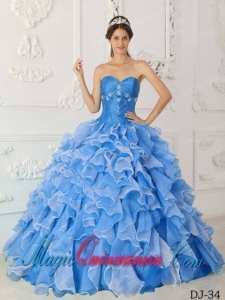 A-Line Sweetheart Floor-length Taffeta and Organza Beading Blue Pretty Quinceanera Dress