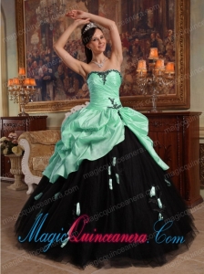 Apple Green and Black Ball Gown Sweetheart Floor-length Hand Flowers Tulle and Taffeta New style Quinceanera Dress