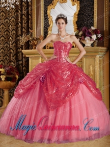 Ball Gown Sweetheart Sequined and Tulle Coral Red Handle Flowers Pretty Quinceanera Dress