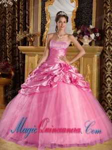 Ball Gown Taffeta and Tulle Beading Pretty Quinceanera Dress in Rose Pink