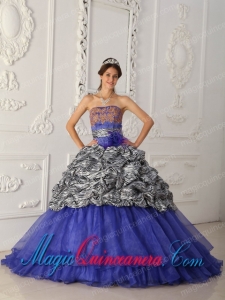 Blue Ball Gown Strapless Chapel Train Zebra and Organza Pretty Quinceanera Dress