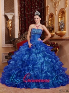 Blue Ball Gown Strapless Floor-length Organza Beading New style Quinceanera Dress