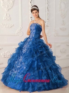 Blue Ball Gown Strapless Floor-length Satin and Organza Embroidery New style Quinceanera Dress