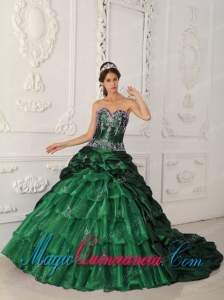 Dark Green Ball Gown Sweetheart Chapel Train Taffeta and Organza Appliques New style Quinceanera Dress