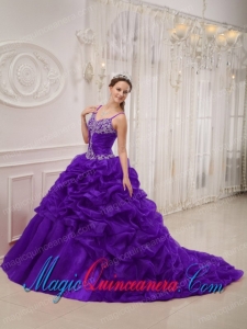 Dark Purple Spaghetti Straps Court Train Organza Beading Perfect Quinceanera Dresses