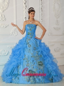 Exquisite Ball Gown Strapless Floor-length Embroidery Aqua Blue Pretty Quinceanera Dress
