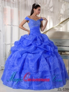 Exquisive Blue Ball Gown Off The Shoulder Floor-length Taffeta and Organza Beading Sweet 16 Dresses