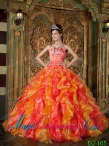Floor-length Organza Orange Red Ball Gown Strapless Ruffles Pretty Quinceanera Dress