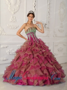 Fuchsia Ball Gown Strapless Floor-length Organza Beading and Appliques New style Quinceanera Dress