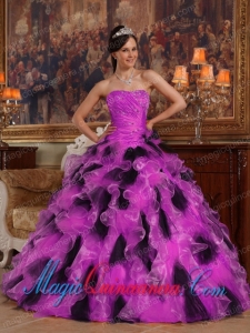 Fuchsia and Black Ball Gown Strapless Floor-length Organza New style Quinceanera Dress