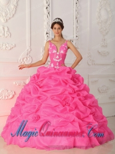 Hot Pink Ball Gown Straps Appliqued Satin and Organza Pretty Quinceanera Dress