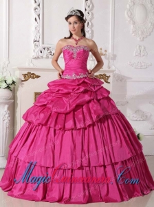 Hot Pink Ball Gown Sweetheart Floor-length Taffeta Beading and Ruching Detachable New style Quinceanera Dress