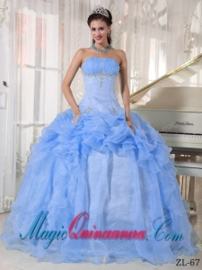 Luxurious Baby Blue Ball Gown Strapless Floor-length Organza Beading Sweet 15 Dresses