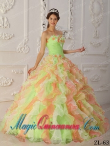 Multi-Color Ball Gown Strapless Floor-length Organza Hand Flowers and Ruffles Affordable Sweet 15 Dresses